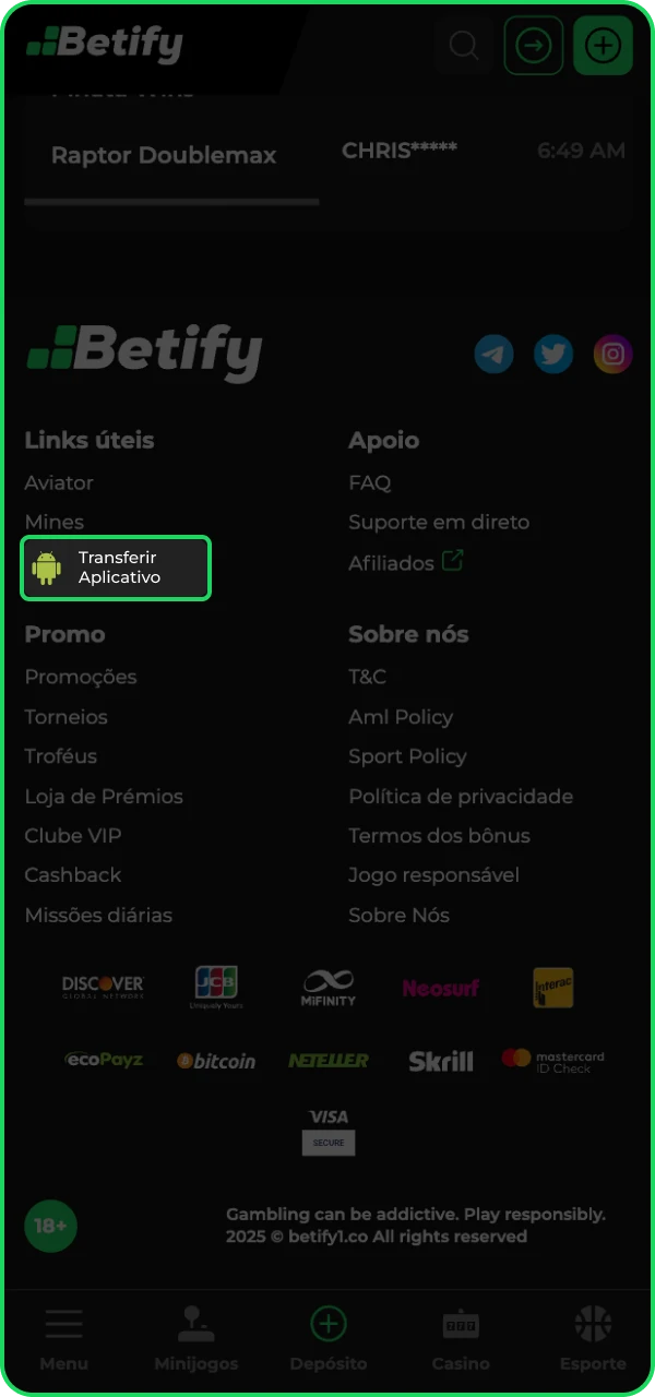 Encontre o botão de download do aplicativo para começar a instalar o aplicativo do cassino online Betify no seu telefone Android.