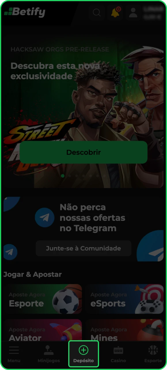 Vá para a seção de caixa do cassino online Betify para iniciar o processo de depósito.