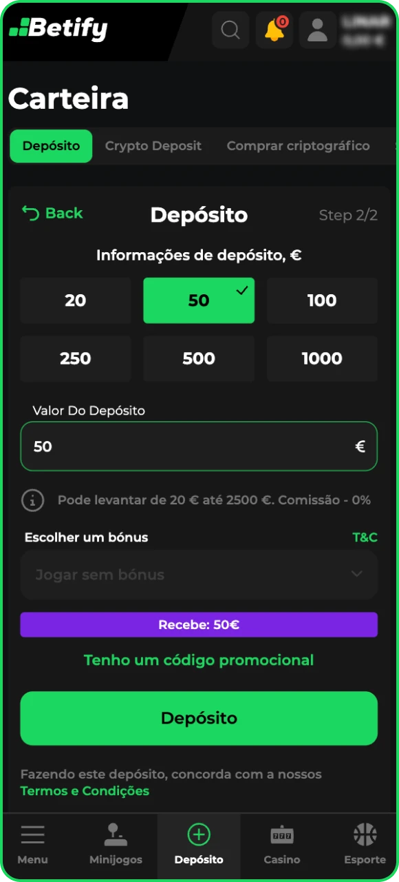 Confirme que você deseja fazer um depósito no cassino online Betify e aguarde o crédito dos fundos.
