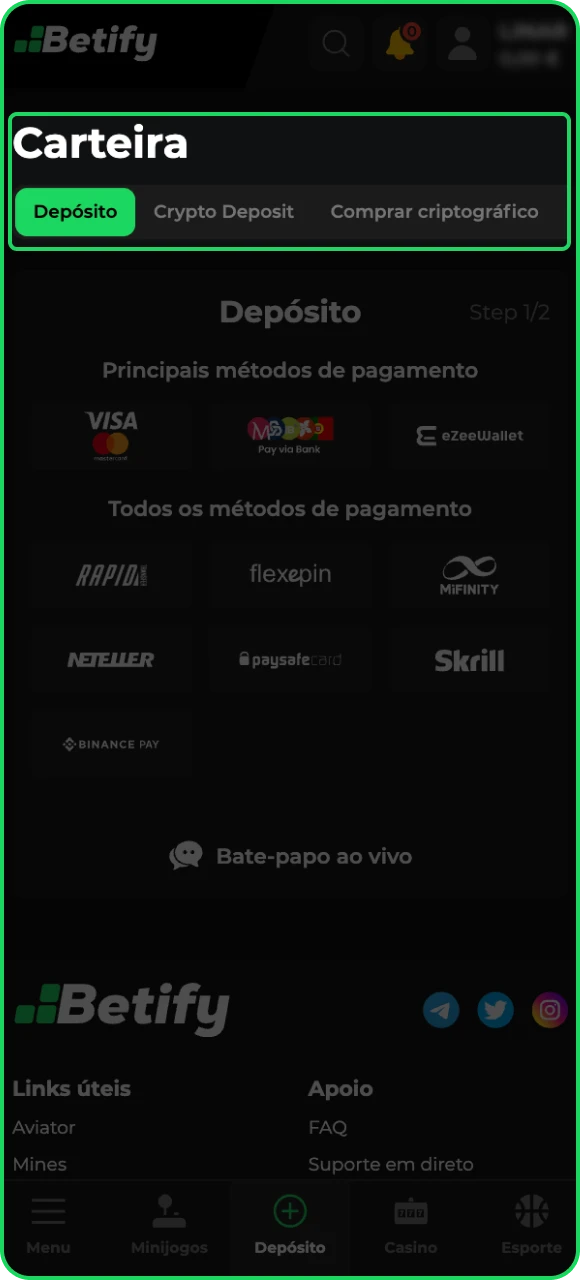 Escolha se deseja fazer um depósito em criptomoeda no cassino online Betify.