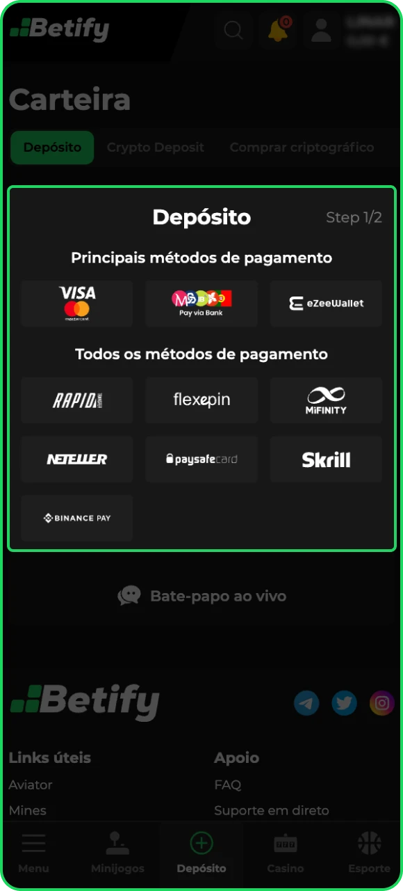 Escolha o método de depósito mais adequado para você no cassino online Betify.