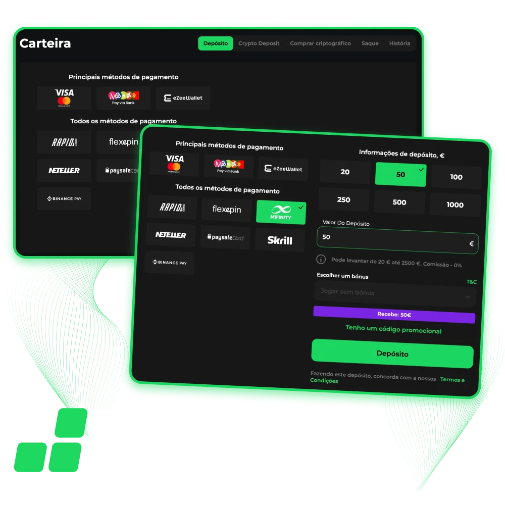 Escolha um método de depósito conveniente para você no site do cassino online Betify.