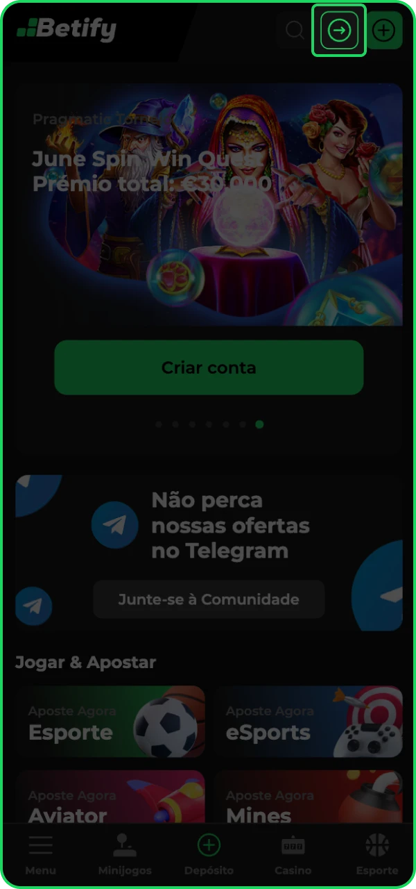 Encontre o botão de registro no canto superior direito do site do cassino online Betify.