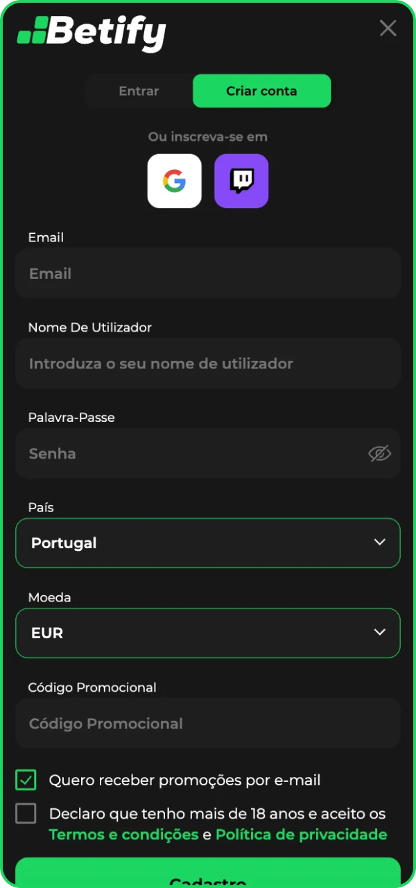 Durante o processo de registro no site do cassino online Betify, você precisa preencher suas informações pessoais.