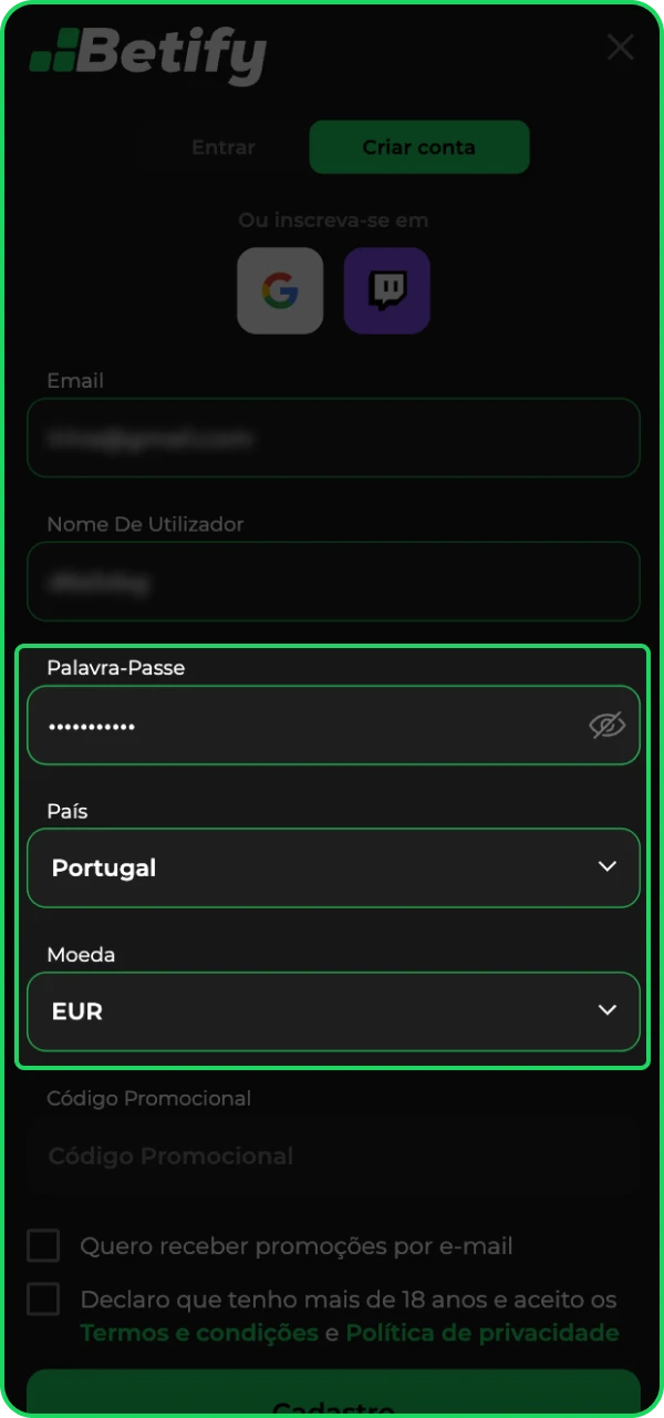 Crie uma senha forte para acessar sua conta do cassino online Betify.